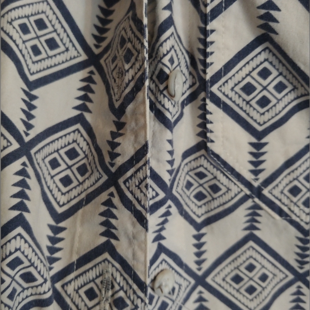Large men's blue short sleeve button up down graphic geometric pattern print - Picture 5 of 5